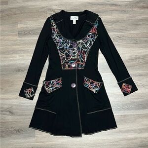 Joseph Ribkoff 4 Sweater Cardigan Black Embroidered Yarn Button Artsy Colorful